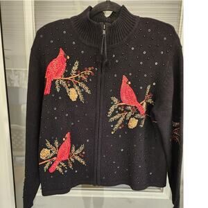 Vintage Heirloom Collectibles Black Cardigan LP Cardinal Sequin Bead Holiday